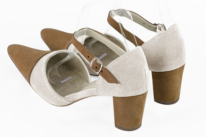 Caramel brown and off white women's open side shoes, with an instep strap. Tapered toe. Medium block heels. Rear view - Florence KOOIJMAN